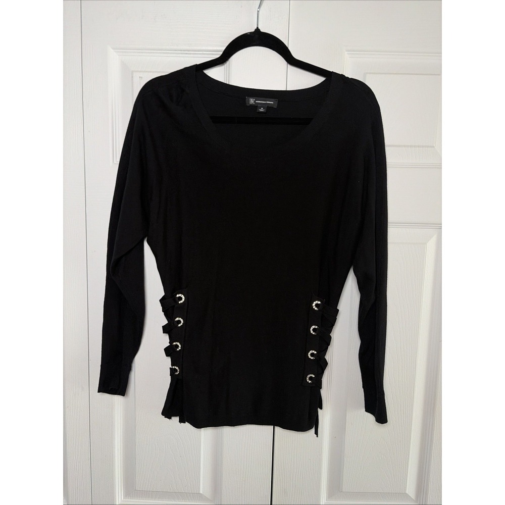 INC Lace Up Side Grommet Sweater Womens Size M Black Pullover Knit Viscose Top